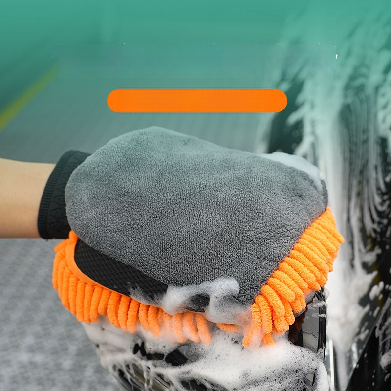 Automobilio plovimo pirštinės su meškiuko letenos pūkuotu dizainu, storesnė Chenille kempinė, dvipusiai atsparios vandeniui, koralinis velūras, pritaikomi