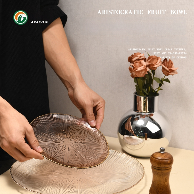 Stiklo vaisių lėkštė Europos stiliumi, apvali, karščiui atspari paviršius, mikrobangų krosnelė tinkama, logotipas spausdintas