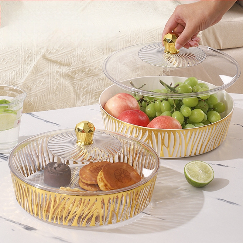 Fedéllel gyümölcstál – műanyag, könnyed luxus textúra, európai stílus, nagy kapacitás száraz gyümölcsre és édességekre