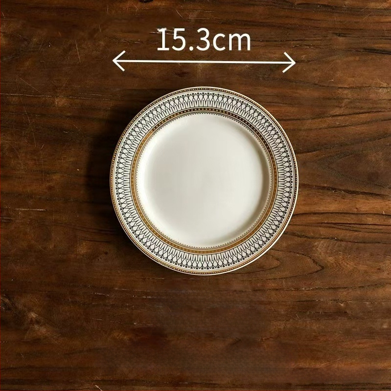 Portselninė lėkštė su krosninės glazūros paviršiumi, dryžių raštas, nėrinių formos, šviesus prabangus retro stilius