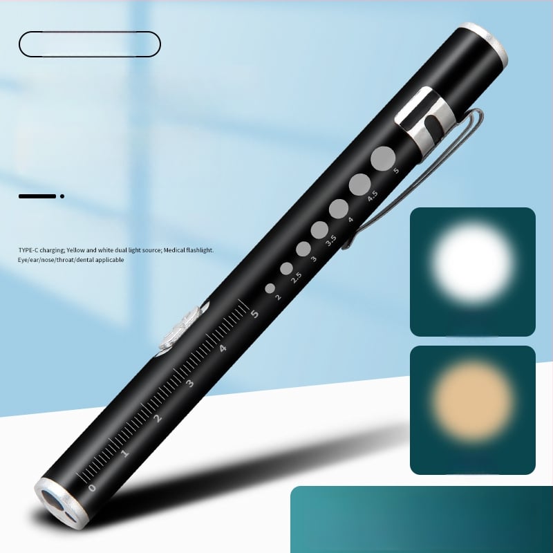 Kézben tartható orvosi vizsgálati toll kettős fényforrással, USB töltés, rozsdamentes acél burkolat, modell FA201B-1