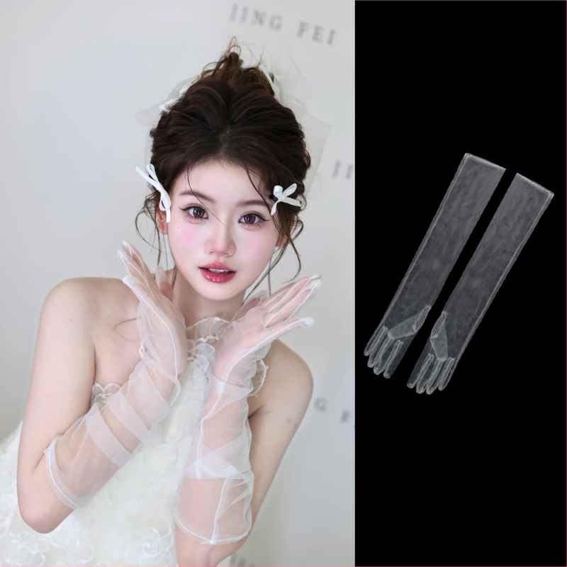 Menyasszonyi kesztyű csipke hálóval, masnival, középhosszú, Office Lady stílusú, esküvői kiegészítő, termékkód 6.16, testreszabás elérhető