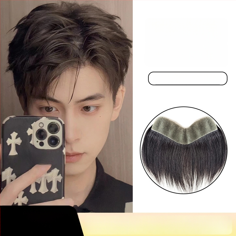 Férfi hajvonal paróka valós emberi hajból, teljesen kézzel készített, M-formájú homlok, egyenes vagy ferde frufru