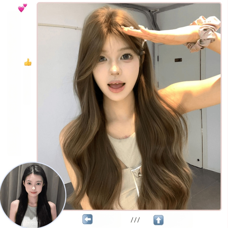 Női koreai stílusú hosszú göndör paróka egyenes frufruval, gépi készítésű, hőálló selyem anyag, nem festhető