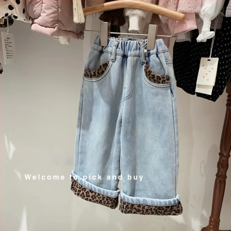 Hlače za djevojčice s leopard printom, fleece podstava, zimske, ravnog kroja