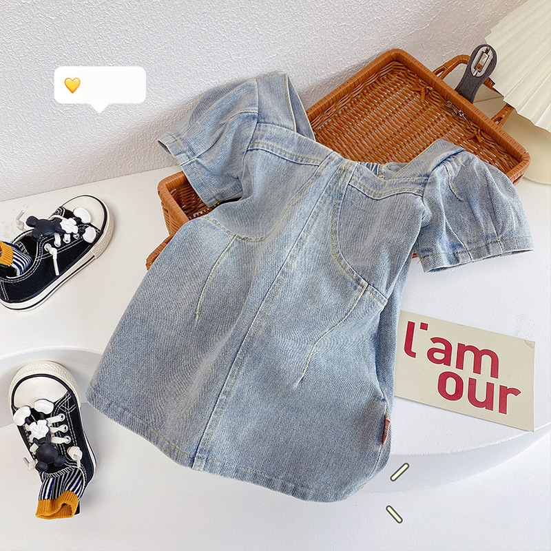 Koreai stílusú gyerek denim rövid ujjú ruha, A-vonalú szabás, 60% pamut, 3–8 éveseknek
