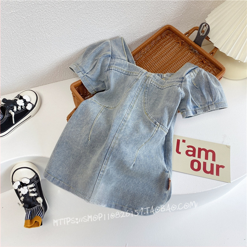 Koreai stílusú gyerek denim rövid ujjú ruha, A-vonalú szabás, 60% pamut, 3–8 éveseknek