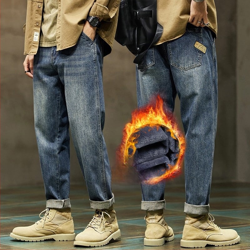 Vyriški džinsai su fliso pamušalu, laisva kirpimo, vidutinio aukščio juosmuo, žiema 2025