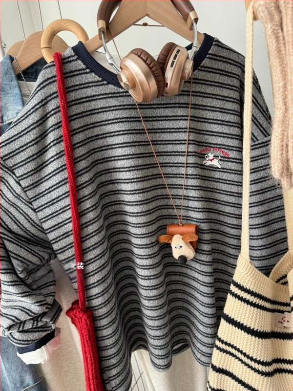 Ženski hoodie s kapuljom od mekanog pliša, vezeni motiv psa i prugasti uzorak, jesen-zima, udoban ležeran kroj
