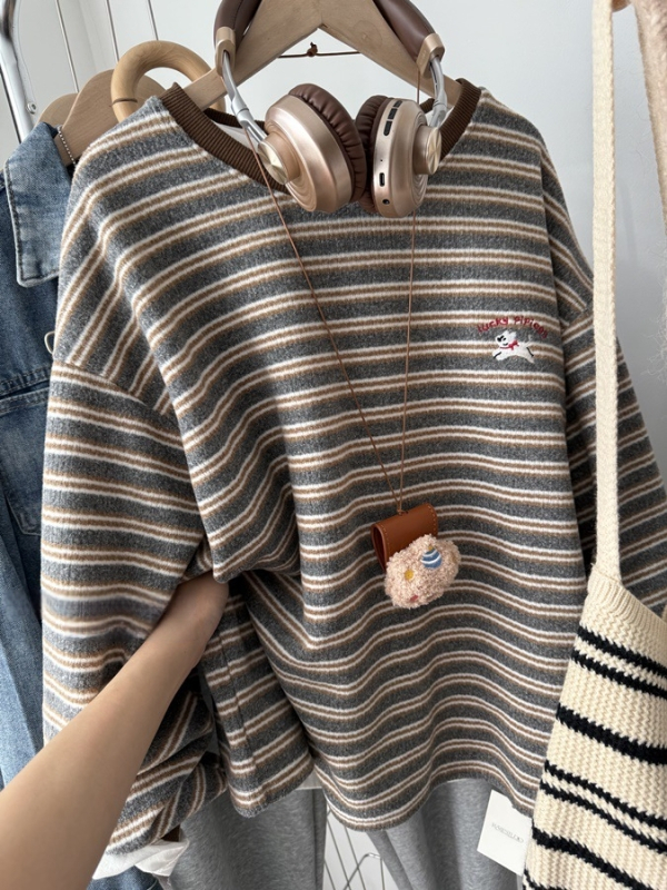 Ženski hoodie s kapuljom od mekanog pliša, vezeni motiv psa i prugasti uzorak, jesen-zima, udoban ležeran kroj