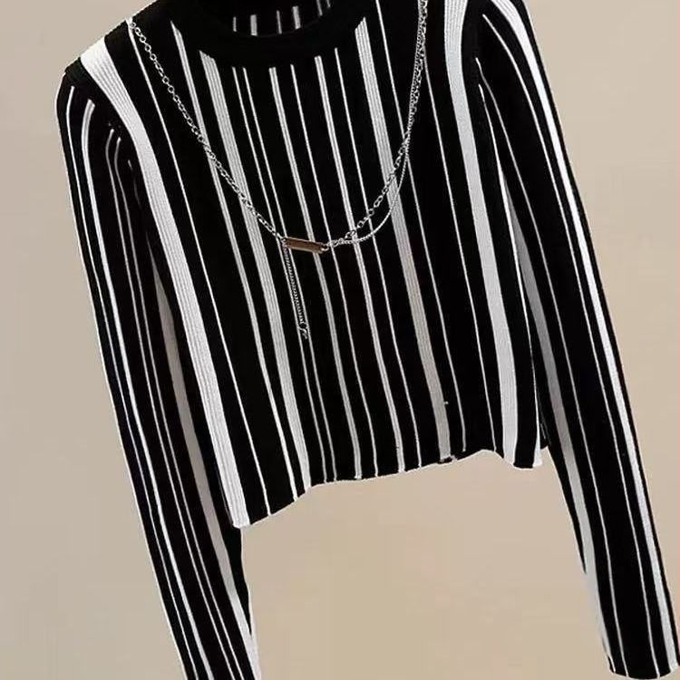 Top tricot pentru femei cu mâneci lungi, în dungă, bază, lansare primăvara 2025, țesătură Tr, PVC ≤30%