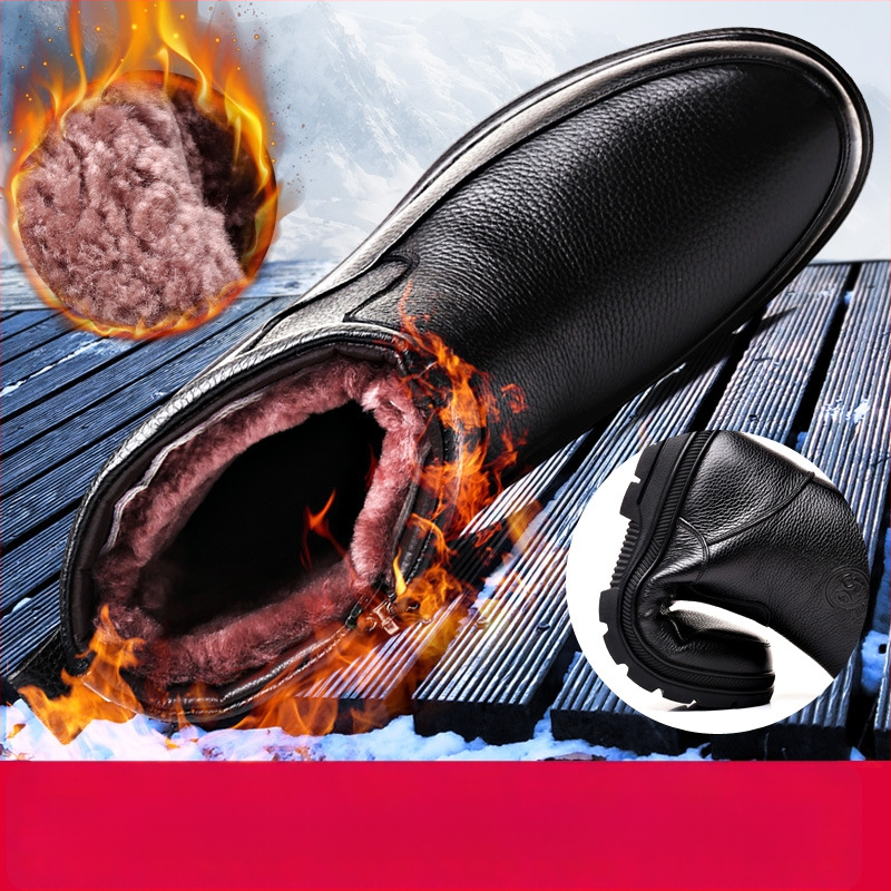 Ghete de iarnă din piele pentru bărbați, căptușite cu lână, înălțime înaltă, impermeabile, fermoar lateral, talpă din cauciuc antiderapant, toc mediu 3–5 cm