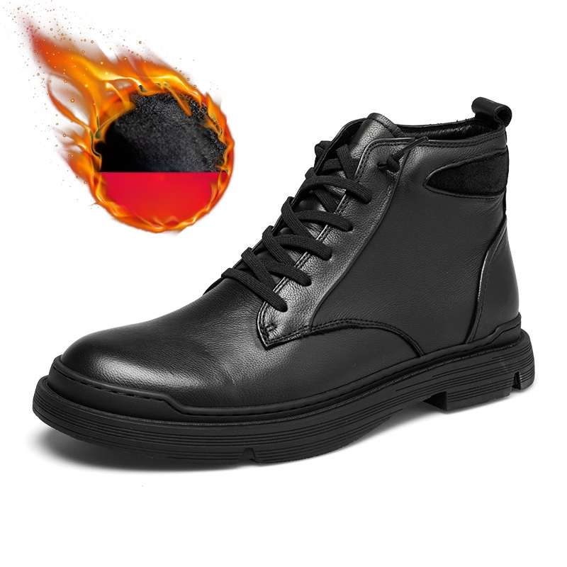 Ghete Martin pentru bărbați, piele de vițel de primă calitate, căptușite cu fleece, înălțime până la gambe, șiret frontal, talpă din cauciuc