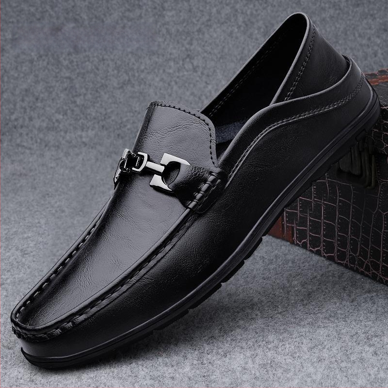 Loafers slip-on pentru bărbați, din piele split, vârf pătrat, toc plat, talpă din cauciuc, branț PU
