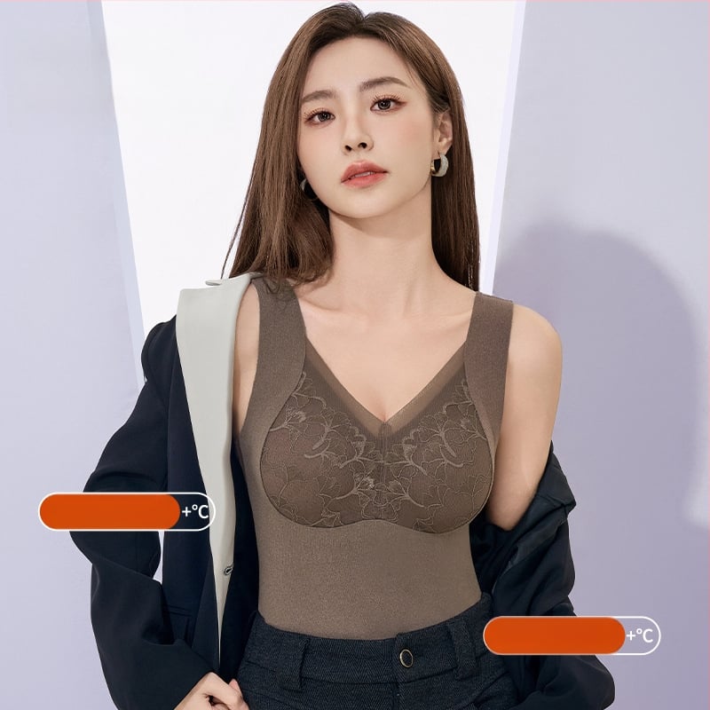 Γυναικείο θερμικό γιλέκο με δαντέλα, ενσωματωμένες επενδύσεις στήθους, παχύ πολυεστερικό ύφασμα 201–250 g/m², V-σχήματος λαιμού