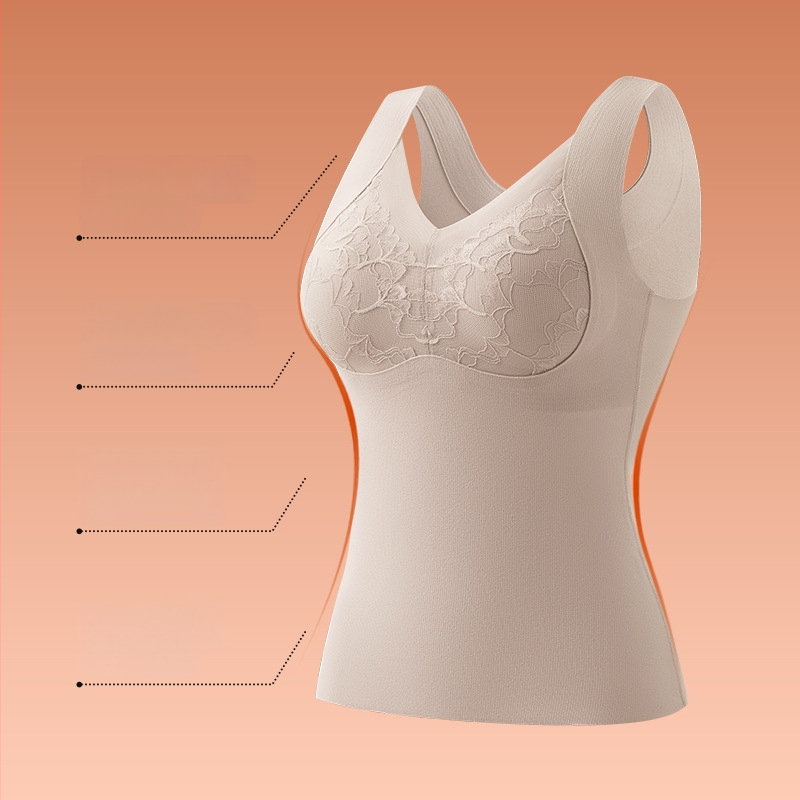 Γυναικείο θερμικό γιλέκο με δαντέλα, ενσωματωμένες επενδύσεις στήθους, παχύ πολυεστερικό ύφασμα 201–250 g/m², V-σχήματος λαιμού