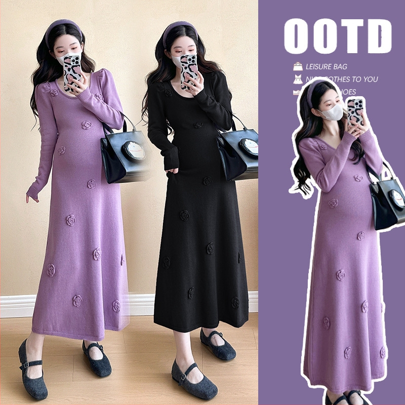 Nėščiųjų suknelė korėjietišku stiliumi, rudens-žiemos laikotarpis, A linijos siluetas, siuvinėjimas, midi ilgis