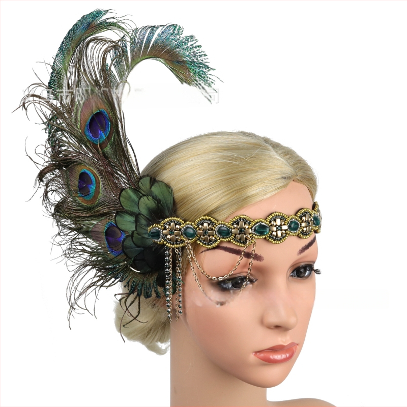 Pávás tollas hajpánt – női fejfedő, modell HD6268, esküvői fotózáshoz és színpadi előadásokhoz
