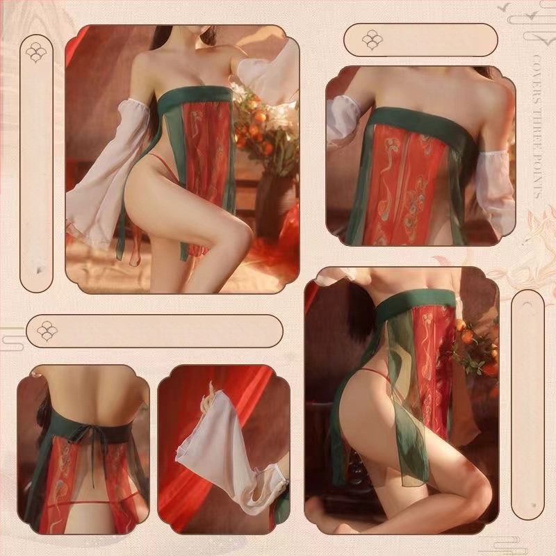 Plus veličine noćna odjeća u Tang stilu s cvjetnim uzorkom, Hanfu inspirirano seksi donje rublje