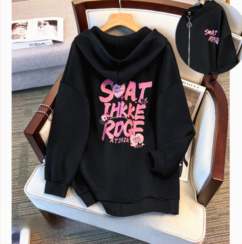 Moteriškas užtrauktuku kardiganas su gobtuvu, plus dydis, medvilnė 50–70%, ilgos rankovės, vidutinio ilgio, rudens 2024, japoniško–korėjiško laisvalaikio stilius