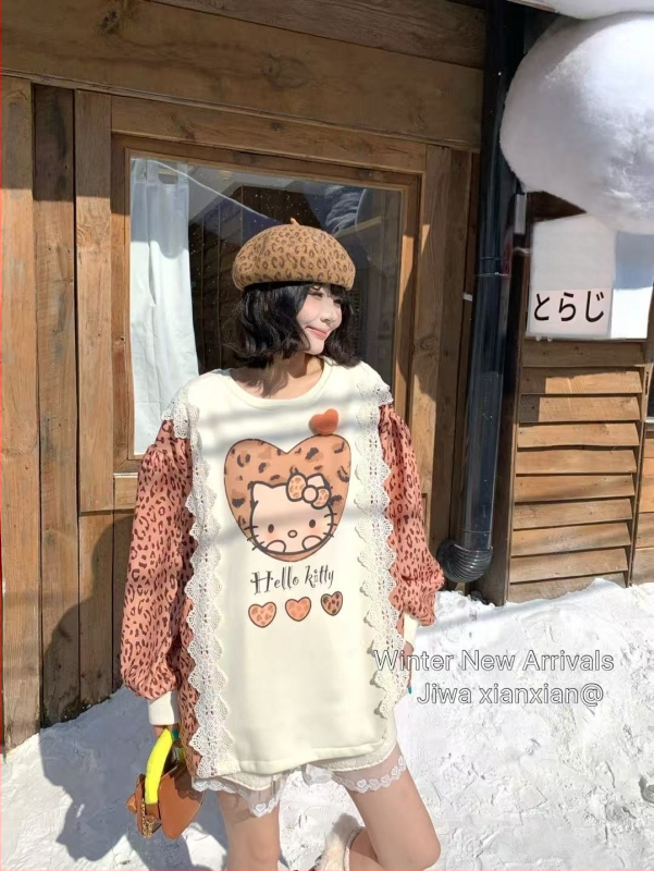 Leopardų spaudinys kapusinė megztinė su karikatūros atspaudais, laisvas kirpimas, medvilnės-poliesterio mišinio audinys, Huamian mezginys, apvalus kaklas, ilgos rankovės, vidutinio ilgio, žiema 2025