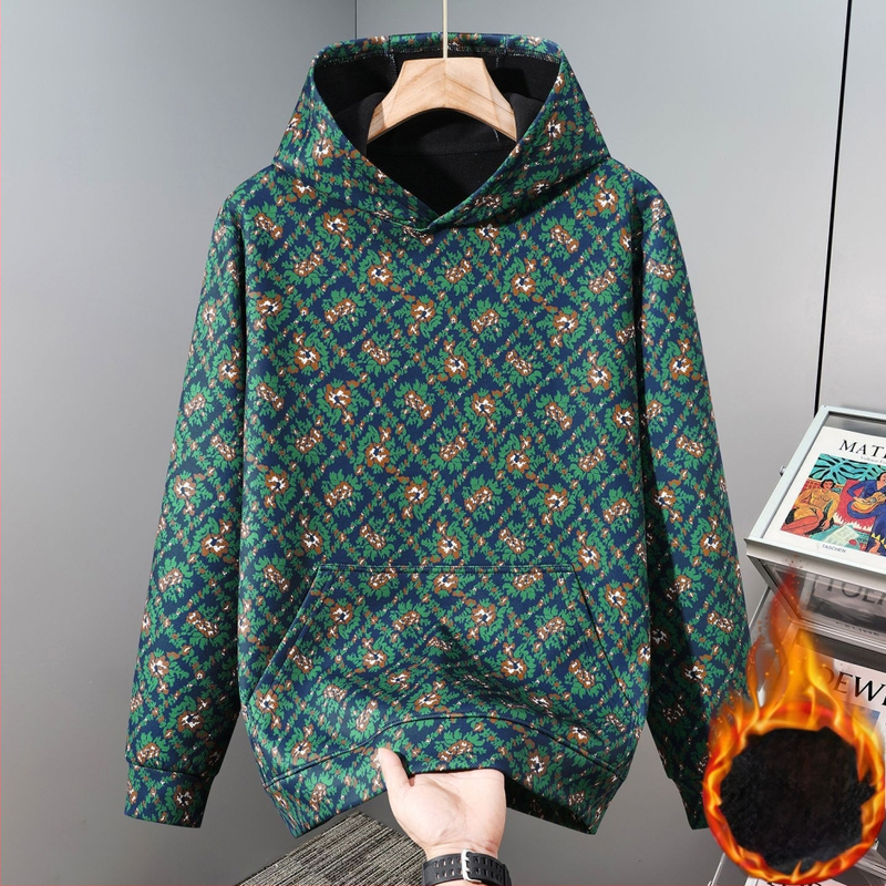 Vīriešu kapucēts džemperis, plus izmērs – brīvs piegriezums, garas piedurknes, 96% poliestera