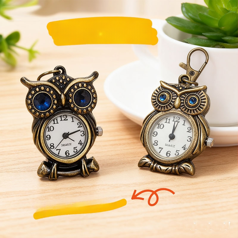 Κουκουβάγια σε σχήμα ρολόι τσέπης, quartz κίνηση Seagull Z618, αναλογική οθόνη, δυνατότητα εκτύπωσης λογοτύπου, προσαρμόσιμο, vintage στυλ, διάμετρος καίτ 20 mm ή μικρότερη