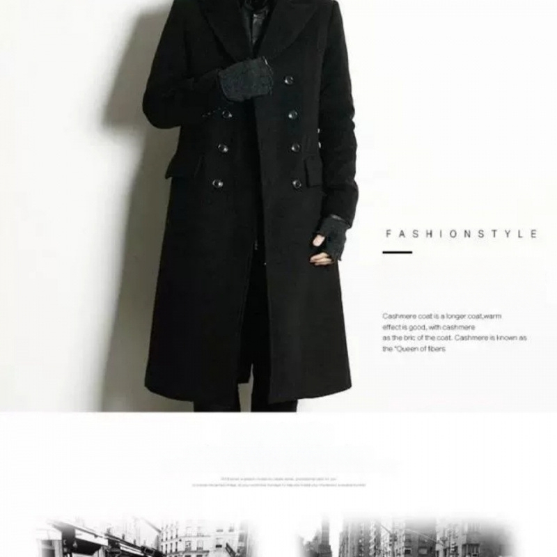 Palton bărbătesc până la genunchi, cu nasturi în dublu rând, cașmir, guler tip costum, croială lejeră