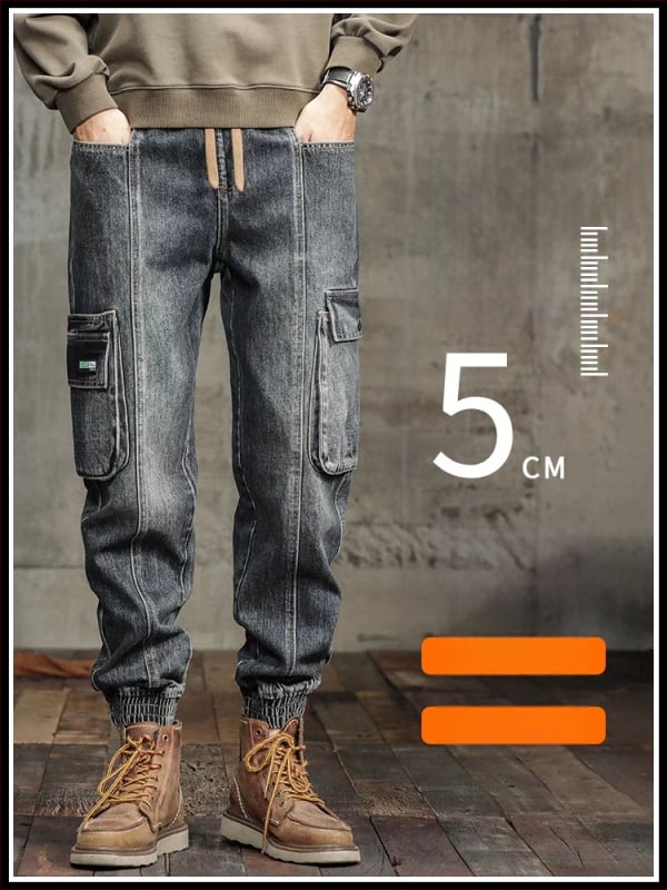 Ανδρικά τζίν από ντένιμ, ρετρό στυλ, φαρδιά γραμμή, μεσαία μέση, κορδόνι για σφίξιμο, πλυμένα