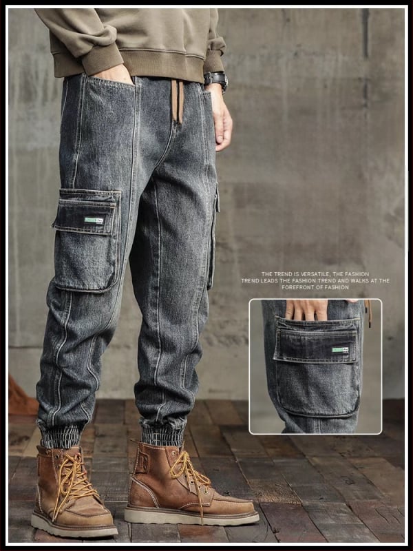 Ανδρικά τζίν από ντένιμ, ρετρό στυλ, φαρδιά γραμμή, μεσαία μέση, κορδόνι για σφίξιμο, πλυμένα