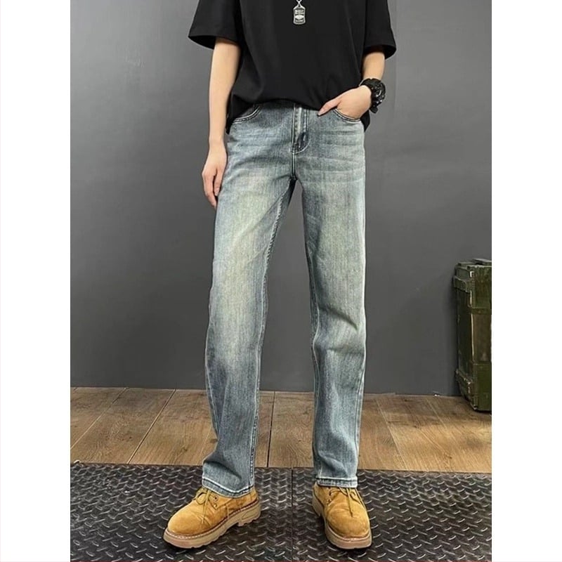 Ανδρικά τζιν από ντένιμ, κορεατικού στυλ, πλυμένα, ίσια γραμμή, με πολλές τσέπες