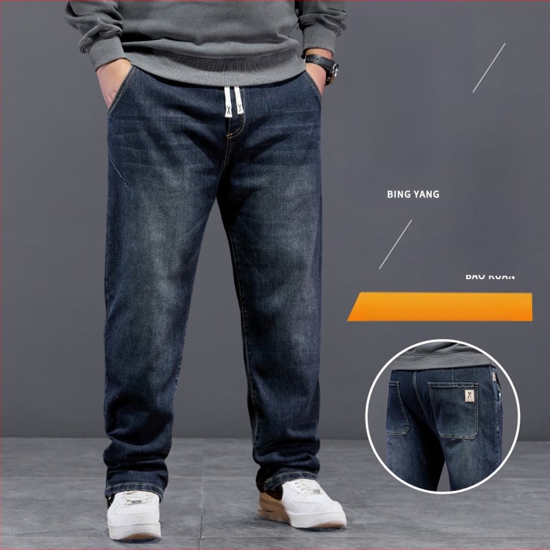 Ανδρικά τζιν με ελαστική μέση και κορδόνι, υψηλή ελαστικότητα, ίσια γραμμή, φαρδιά εφαρμογή για τον χειμώνα