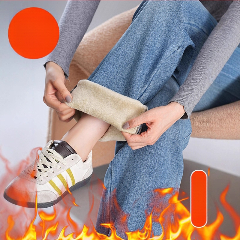 Ženske traperice s visokim strukom, flis-iznutra, široke ravne hlače za zimu, plus veličina