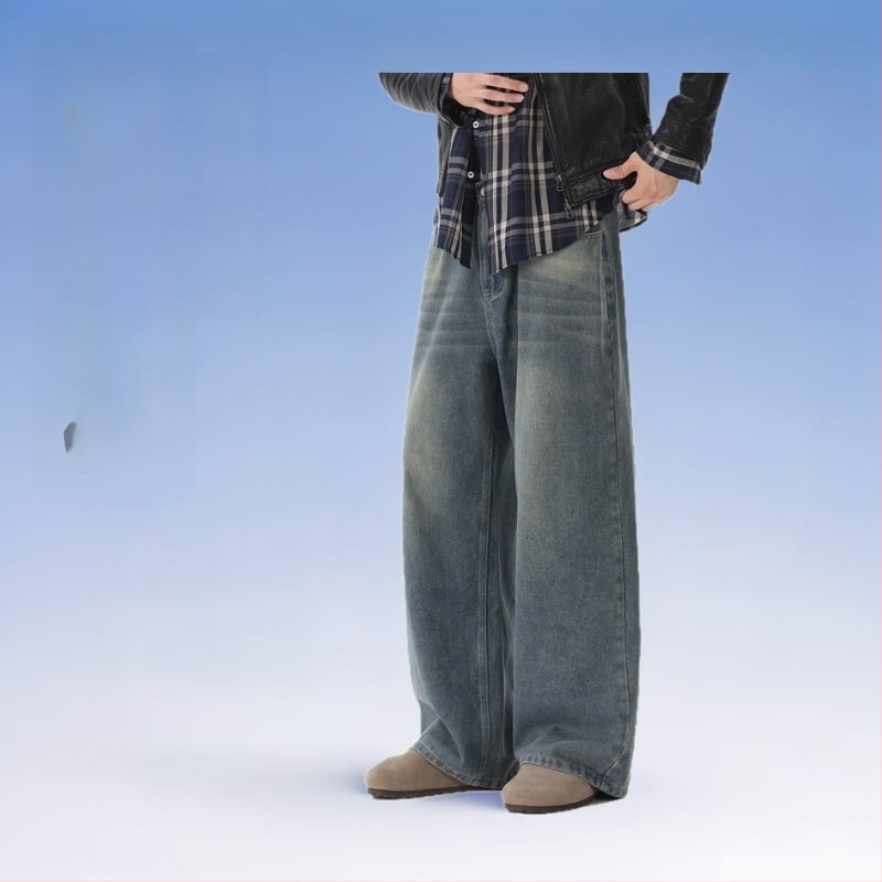 Ανδρικά τζιν για τον χειμώνα, αμερικανικού ρετρό ευρύ παντελόνι, χαλαρή εφαρμογή, μεσαία μέση, φερμουάρ