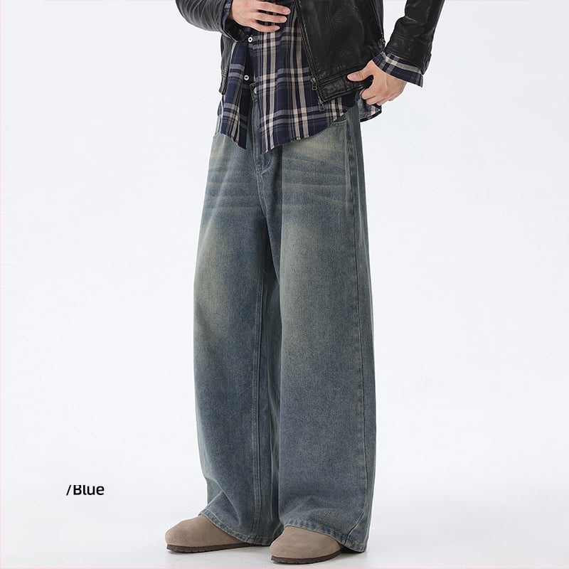 Ανδρικά τζιν για τον χειμώνα, αμερικανικού ρετρό ευρύ παντελόνι, χαλαρή εφαρμογή, μεσαία μέση, φερμουάρ