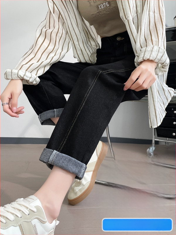 Moterų didelių dydžių džinsai, kaubojo stiliaus, ruduo 2024, medvilnės-poliesterio džinsai (70-80% medvilnė, <30% poliesteris), aukšta elastija, tiesus kirpimas