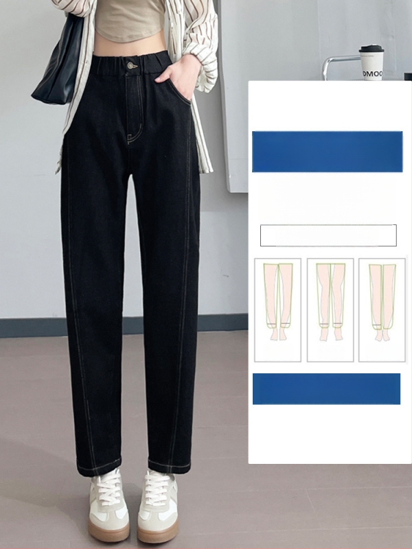 Moterų didelių dydžių džinsai, kaubojo stiliaus, ruduo 2024, medvilnės-poliesterio džinsai (70-80% medvilnė, <30% poliesteris), aukšta elastija, tiesus kirpimas