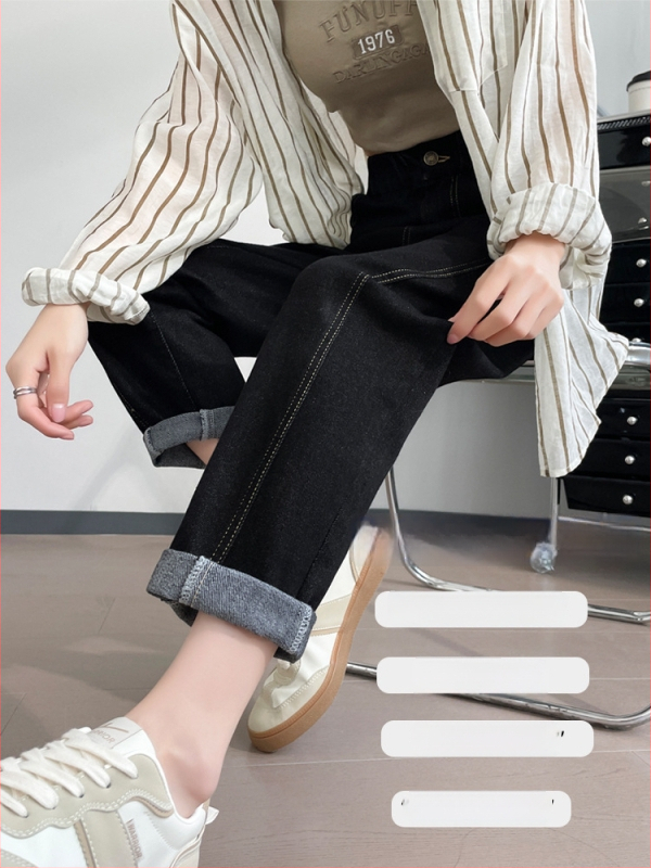 Moterų didelių dydžių džinsai, kaubojo stiliaus, ruduo 2024, medvilnės-poliesterio džinsai (70-80% medvilnė, <30% poliesteris), aukšta elastija, tiesus kirpimas