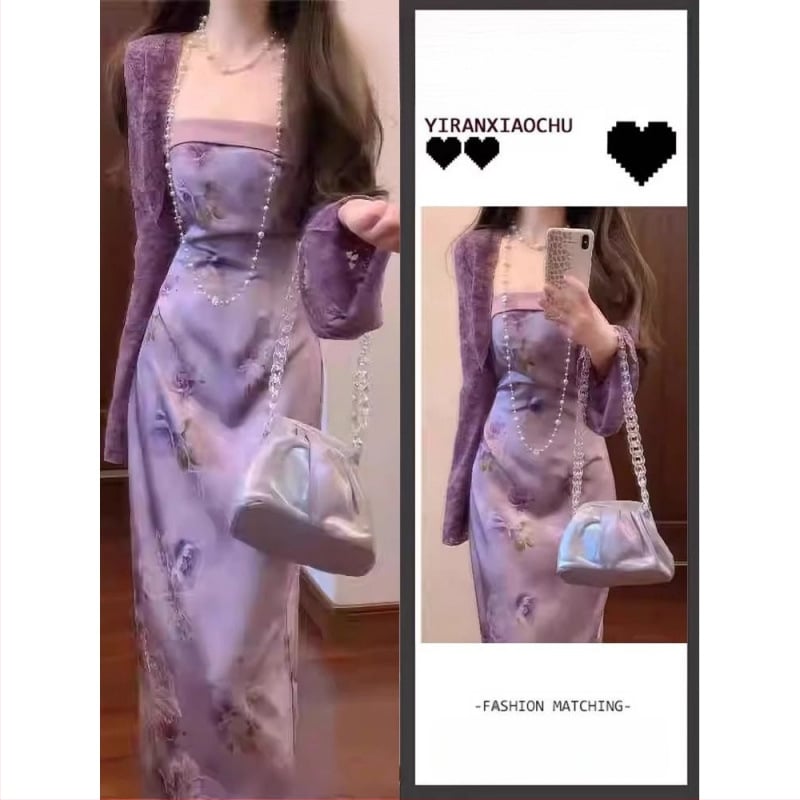 Двоен комплект за лято: дълъг ръкав кардиган и рокля вдъхновена от китайски стил, лято 2025, урбан стил костюм с пола