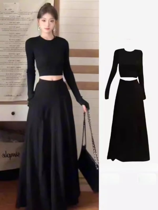 Полиестер-еластан еднотонна дамска костюм-рокля с дълъг ръкав, есен 2024, елегантен градски стил