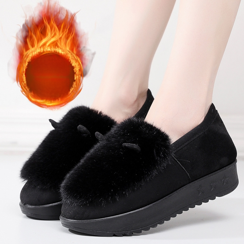 Dámske bavlnené topánky s hrubou PU podrážkou, vrchný materiál Xishi velúr, vnútorná výstelka z krátkeho umelého kožušiny, bez šnúrok, zimné