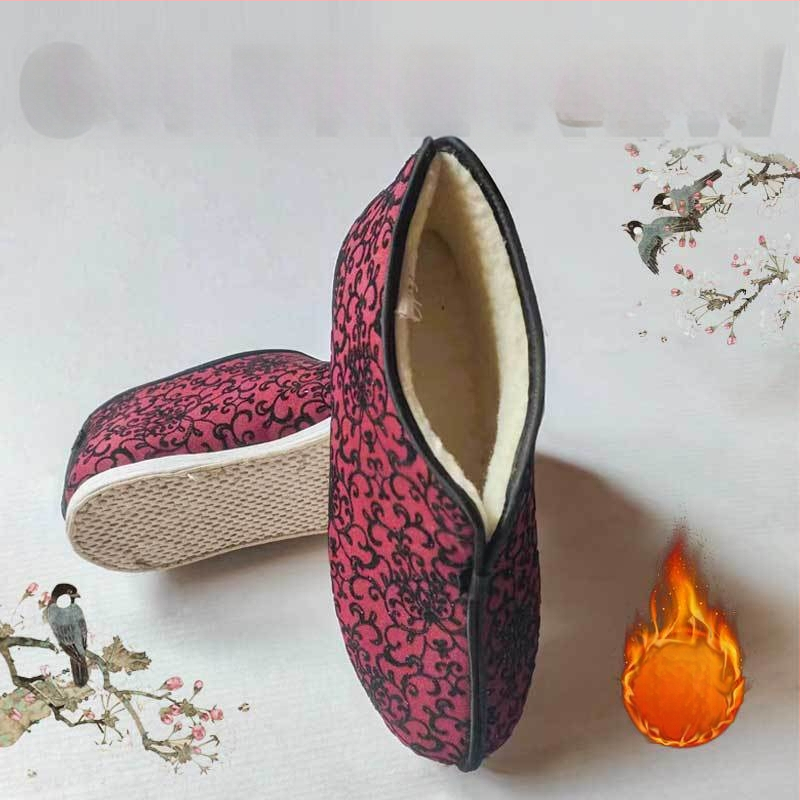 Ručne šité dámske topánky z bavlneného plátna, s vysokým vrškom, bavlnenou podšívkou, viacvrstvovou podrážkou, teplé