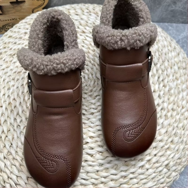 Ženské zimné topánky s plochou podrážkou – PU vrchný diel, podšívka z umelej krátkej kožušiny, nízky zvršok, okrúhla špička, gumová podrážka