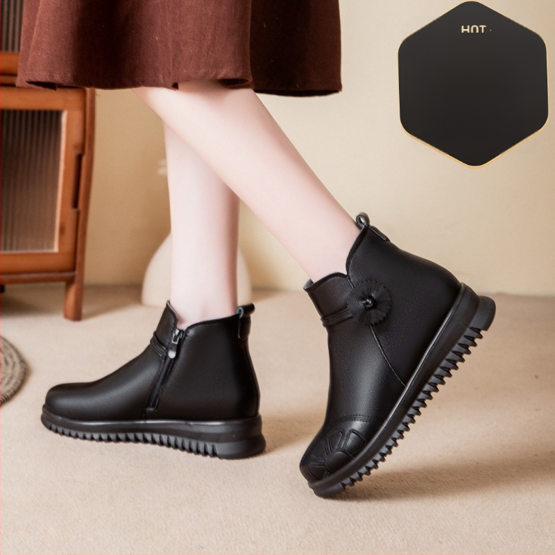 Zimné dámske topánky z pravej kože, pre stredný a starší vek, bočný zips, podšívka z plyšu, nízky podpätok, PU podrážka