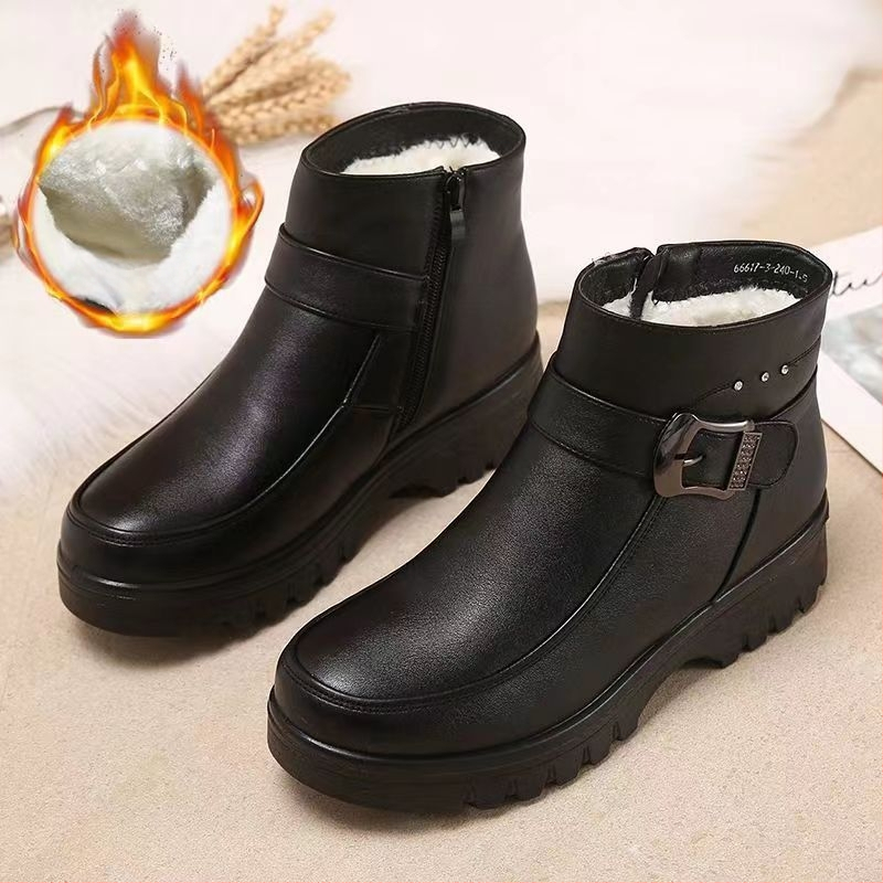 Zimné dámske topánky z PU s umelým kožušinkou, slip-on s bočným zipsom a elastickým pásom, gumová protišmyková podrážka