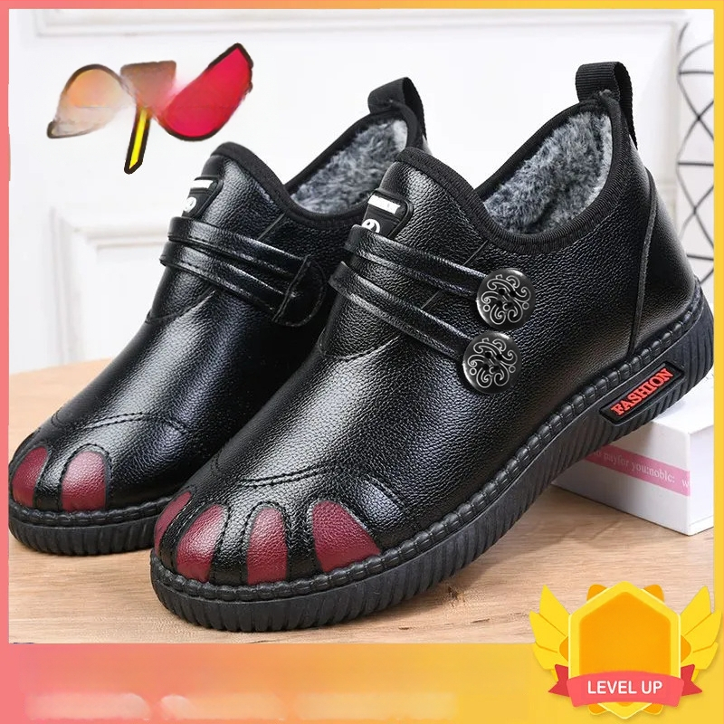 Dámske PU topánky s plyšovou podšívkou – Slip-On, nízky vrch, plochá podrážka, PVC injektovaná podrážka (Jar, ľahké, teplé)