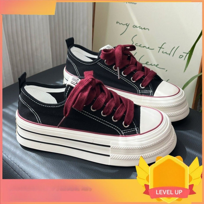 Dámske canvas tenisky s PU vrchnou časťou, hrubou podrážkou, nízkym profilom, šnurovanie, Hongkong štýl.