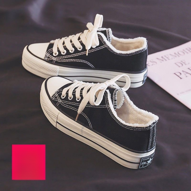 Tenisky z plátna pre dospelých – unisex, šnurovanie, vulkanizovaná gumová podrážka s hrubou podrážkou, podšívka z umelej plyše, nízky horný diel, na jeseň