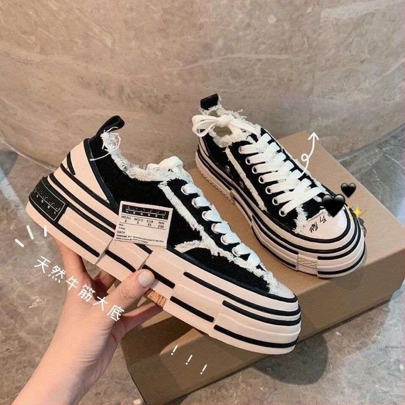 Дамски високи канвасови обувки, полиуретанова подметка, райета, връзки, корейски стил