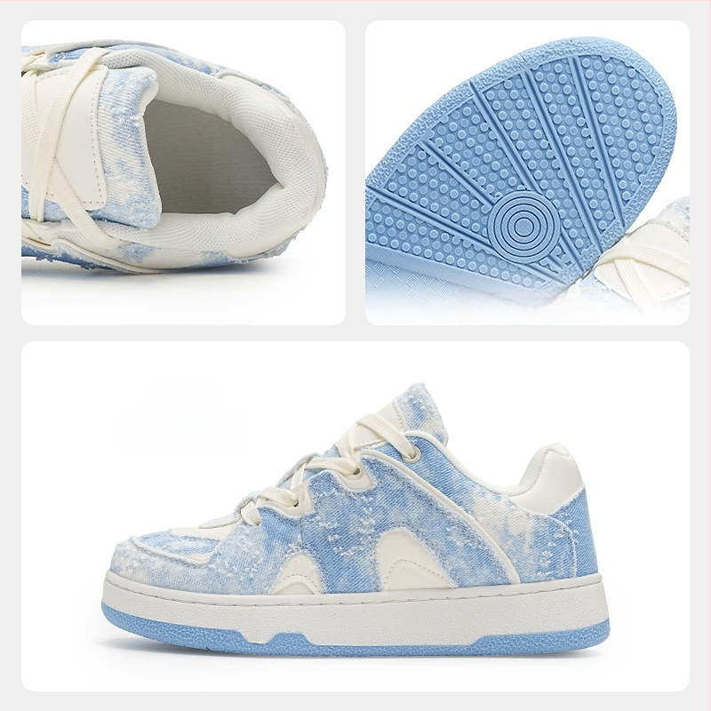 Denimové tenisky s hrubšou podrážkou, farebný blok vzor, okrúhla špička, nízky podpätok 1-3 cm, šnurovanie